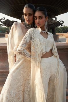 Ivory ruffle jacket with pearl embellishment in floral pattern. Paired with V neck embellished blouse and flared pant. - Aza Fashions Bridal Lehenga Blouse, Ridhima Bhasin, Pearl Jacket, Ruffle Jacket, Lehenga Blouse, Embellished Blouse, Intricate Embroidery, Work Jackets, Bridal Lehenga