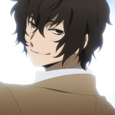 an anime character with black hair and red eyes looking at the camera while wearing a brown coat