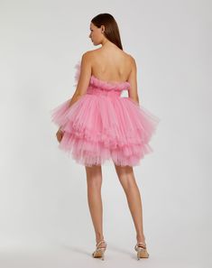 Mac Duggal Tulle fabric (100% polyester) Fully lined through body Strapless neckline Sleeveless Concealed back zipper Approx. 35" from top of shoulder to bottom hem Available in Candy Pink Style #20750 Vestidos Color Coral, Strapless Neckline, Colorful Candy, Mac Duggal, Pink Style, Candy Pink, Strapless Mini Dress, Tulle Fabric, Pink Candy