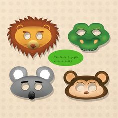 four different animal masks with faces on them