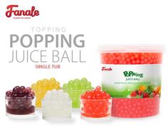 various flavors of gummy balls in plastic tubs with text topping juice ball single tub