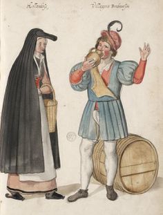 two men dressed in medieval clothing, one holding a wine glass and the other standing next to a basket