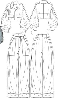 the front and back view of a women's pants pattern, with an attached waistline