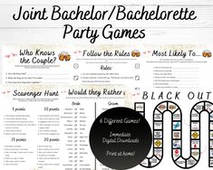 "Games specifically for a Joint Bachelor and Bachelorette party! These games will be fun for all involved. These will get you competing, drinking, dancing and more. Four Games included: 1. Who Knows the Couple? - A fun and easy game for guests and for the couple. Simply have the couple fill out their answers, and see which party goers can get the most right answers.  2. Scavenger Hunt - Who can complete the tasks and earn the most points? For each task you complete and take a picture or video of Joined Bachelor And Bachelorette Party Ideas, Bachelor/bachelorette Party Games, Jack And Jill Bachelorette Party, Couple Bachelor Bachelorette Party Ideas, Bachelor And Bachelorette Party Combined Theme