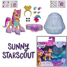 an assortment of toys including ponys, sunglasses and hair accessories for kids to play with