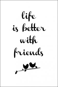 two birds sitting on a branch with the words life is better with friends in black and white