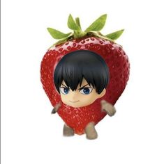 an anime character is standing next to a strawberry