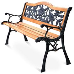 a wooden and metal bench with roses on it's armrests, isolated against a white background