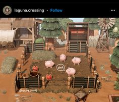 an animated farm scene with pigs and hay