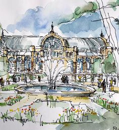 a watercolor sketch of a building with a fountain in the center and people walking around