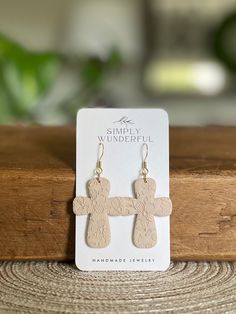 These floral textured cross earrings are made from lightweight tan polymer clay. Hypoallergenic gold plated stainless steel hooks. Christian Clay Earrings, Cross Clay Earrings, Clay Cross Necklace, Polymer Clay Cross, Faith Earrings, Christian Earrings, Clay Cross, Brown Clay, Jewelry Board