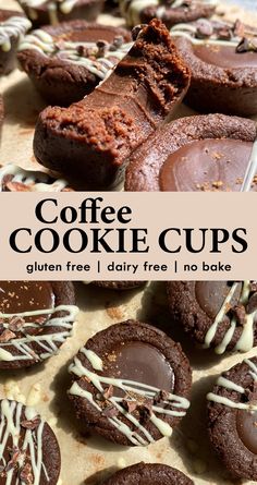 coffee cookie cups with chocolate frosting and drizzled on top are shown