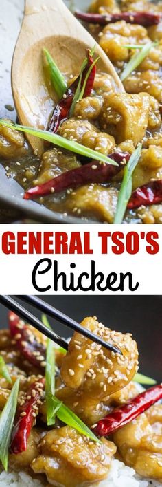 chicken with sauce and green onions on top in a skillet, next to the recipe for general tso's chicken