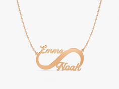 Celebrate eternal love and connection with our Infinity Name Necklace. This exquisite piece beautifully combines a timeless symbol with the personal touch of your names, creating a unique and heartfelt accessory. The pendant features the infinity symbol, elegantly intertwined with your chosen names or words, creating a meaningful and romantic design. • Material: 14k Solid Gold (Stamped 14K for authenticity) • Color Options: Yellow, Rose, White • Chain Style: Cable Chain • Chain Width: 1.10 mm • Formal Rose Gold Name Necklace For Mother's Day, Classic Wedding Name Necklace, Elegant Infinity Name Necklace For Anniversary, Elegant Rose Gold Name Necklace For Anniversary, Classic Rose Gold Name Necklace For Wedding, Timeless Symbol, Romantic Design, Infinity Symbol, The Infinity