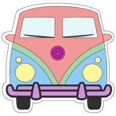 a pink and blue van with peace signs on the front, sitting in front of a white background