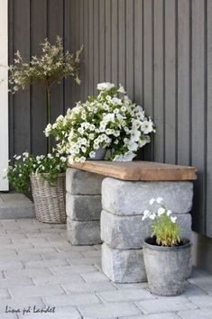 some white flowers are sitting in pots on the side of a building next to a bench