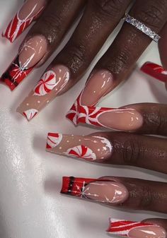 Med Length Christmas Nails, Red Black White Christmas Nails, Peppermint Acrylic Nails, Nails For Christmas And New Years Eve, Square Round Christmas Nails, Red Christmas Nails Long Square, Christmas Nails Non Traditional, Christmas Nail Long, Red Christmas Sweater Nails