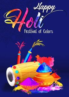 happy holi festival of colors with colorful powders on the ground and blue background