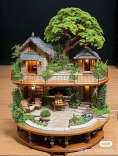 a miniature house with trees and plants on the roof is shown in front of a black background