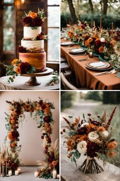 the wedding cake is decorated with flowers and greenery, along with other desserts