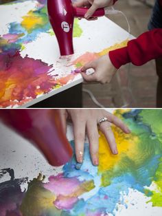 two pictures one is using a hair dryer and the other has colorful paint on it