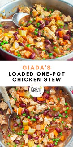 two pictures showing the process of making loaded chicken stew with peas and carrots in a large pot