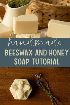 homemade beeswax and honey soap recipe with lavender flowers on the table next to it