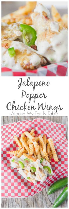 an image of chicken wings with cheese and sauce on top, and the words jalapeno popper chicken wings above it