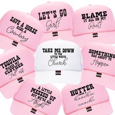 six pink hats with different sayings on them