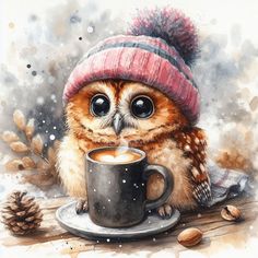 an owl wearing a hat and holding a cup of coffee with nuts on the side