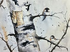 watercolor painting of two birds perched on a tree