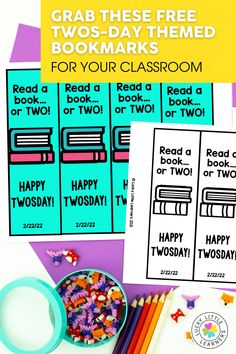 two bookmarks with the title grab these free two - day themed books for your classroom