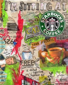 a collage of coffee related items with words and pictures on them, including the starbucks logo