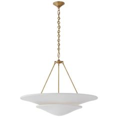 a large hanging light fixture with two white glass shades on the bottom and gold chain