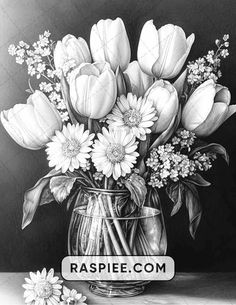 a black and white drawing of flowers in a vase