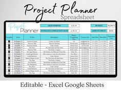 a project planner spreadsheet with the title'editable - excel google sheets '