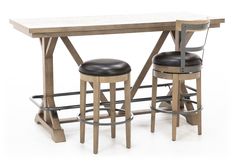 two stools sitting under a table with a wooden top and metal barstools