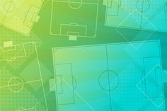 a blue and green abstract background with soccer field in the center, on which there are several different lines