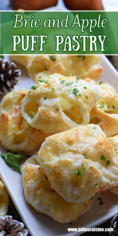 brie and apple puff pastry on a white plate with pine cones in the background