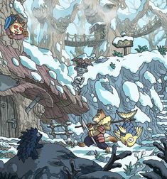 an image of a cartoon scene with animals and people in the snow by some trees