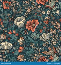 an ornate floral wallpaper pattern with orange and blue flowers on a dark green background