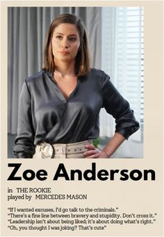 a woman with her hands on her hips standing in front of a poster that says, zooe anderson