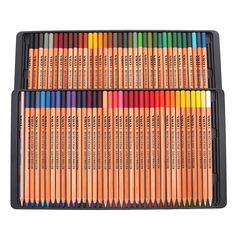 several rows of colored pencils in a black tray