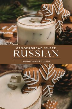 gingerbread white russian cocktail in a glass next to cookies and pine cones with the title gingerbread white russian