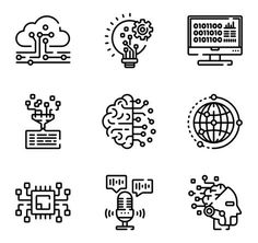 black and white icons depicting different types of technology