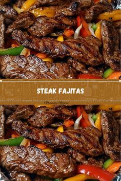 steak fajitas with peppers and onions in foil