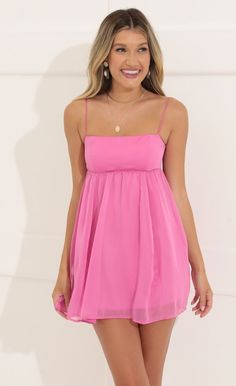 Chiffon Baby Doll Dress in Pink | LUCY IN THE SKY Baby Doll Hoco Dress, Pink Outfits Summer, Homecoming Dresses Flowy, Pink Baby Doll Dress, Recruitment Dresses, Homecoming Inspo, Sorority Dresses, Chiffon Babydoll Dress, Mitzvah Dresses