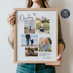 a woman holding up a framed photo with the words daddy and family pictures on it