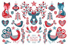 christmas clipart with red, white and blue ornaments in the shape of heart shapes