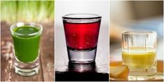 three different types of drinks are shown in this collage, one is green and the other is red